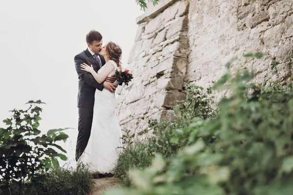美しい豪華な花嫁と花婿日当たりの良い公園を歩いて キスします 幸せな結婚式のカップル古い城で緑豊かな庭園でハグします 幸せなロマンチックな瞬間 駆け落ちのコンセプト — ストック写真