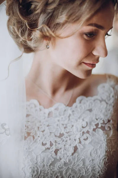 Красивая Блондинка Невеста Элегантном Белом Кружевном Свадебном Платье Вуаль Портрет — стоковое фото