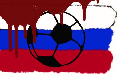 Futbol Dünya Kupası Rusya'nın boykot. Futbol topu ve Rus bayrağı terörizm ve savaşları, kurban kanı ile çizilen basit örnek ver. Kanlı FIFA Şampiyonası futbol