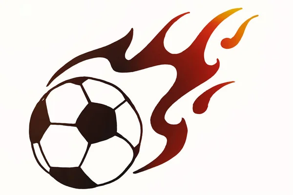 Soccer ball in fire, hand drawn simple illustration, black ball pattern with flame on white isolated. Football world cup sketch or drawing in doodles style. Sport icon illustration for tournament