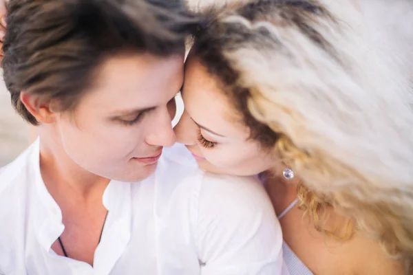 Close Beautiful Happy Couple Love Sitting Embracing Sunny Street Stylish — Stock Photo, Image