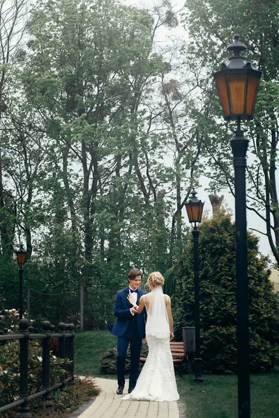スタイリッシュな花嫁と花婿の公園で踊る 歩くと木 々の間の笑顔幸せな贅沢な結婚式のカップル青いスーツとフロントの屋外で白いドレスを着た女性の男 — ストック写真