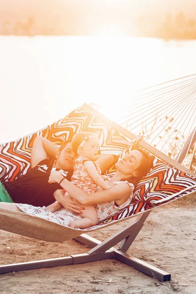 Young Family Baby Beach Smiling Father Mother Holding Cute Little — Stock Photo, Image