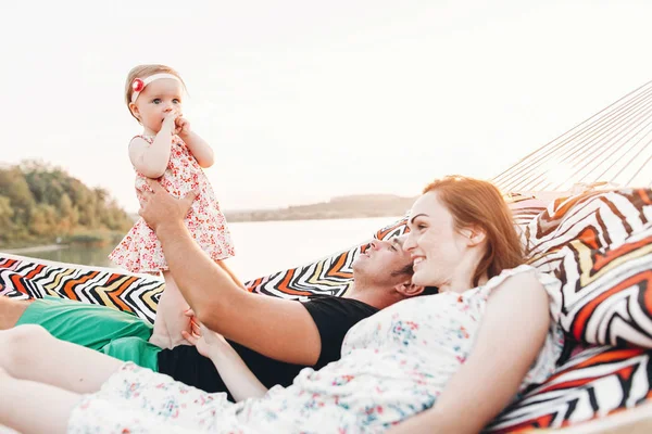 Happy Stylish Family Playing Cute Daughter Relaxing Hammock Summer Vacation — Stock Photo, Image