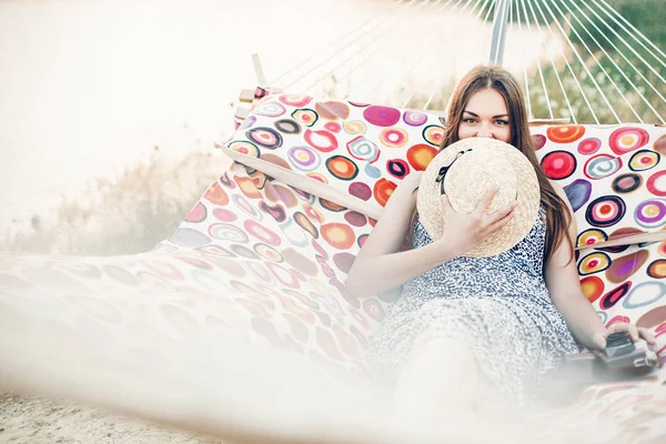 Boho Beautiful Hipster Girl Relaxing Hammock Beach Summer Evening Light — Stock Photo, Image