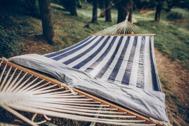 mavi beyaz şık seyahat hamakta yaz güneşli parkta renkler. dinlenme, kamp ve rahatlatıcı açık, yaz tatil ve tatil. metin için yer. Yolculuk tutkusu ve macera