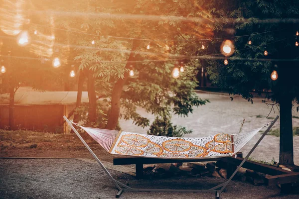 Stylish Travel Hammock Retro Lights Summer Forest Park Resting Camping — Stock Photo, Image