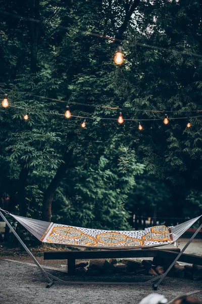 Stylish Travel Hammock Retro Lights Summer Forest Park Resting Camping — Stock Photo, Image