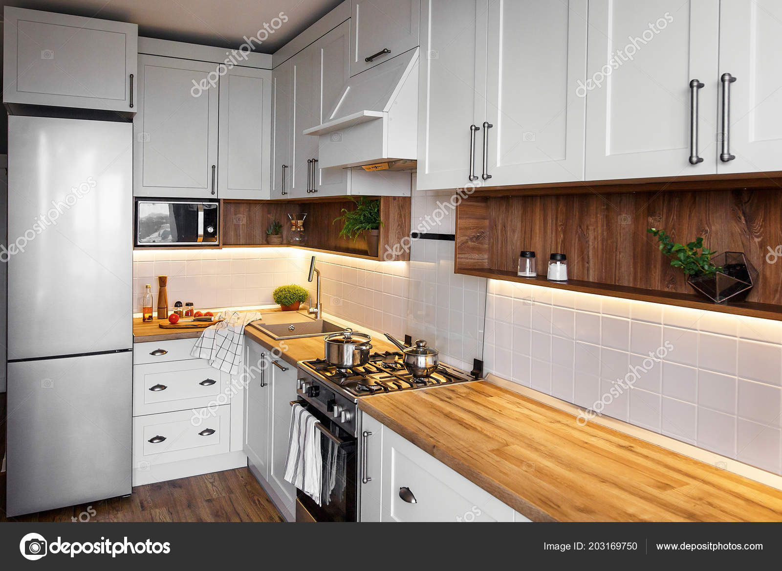 Stylish Light Gray Kitchen Interior Modern Cabinets Stainless Steel Appliances Stock Photo Image By C Sonyachny 203169750