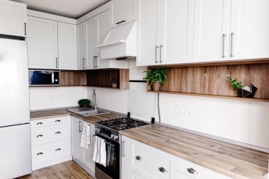 Mutfak tasarımı modern İskandinav tarzı. Yeni bir ev modern mobilyalar ve paslanmaz çelik aletleri ile şık ışık gri mutfak iç. ahşap tezgah, çelik fırın, lavabo ve musluk