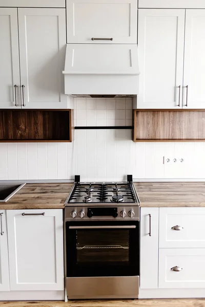 Stylish Light Gray Kitchen Interior Modern Cabinets Stainless Steel Appliances — Stock Photo, Image