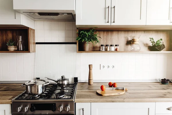 Cocina Cocina Moderna Estilo Escandinavo Elegante Interior Cocina Con Muebles —  Fotos de Stock