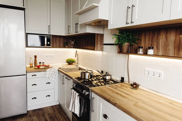 Cozinhar Cozinha Moderna Estilo Escandinavo Elegante Cozinha Interior Com Mobiliário — Fotografia de Stock