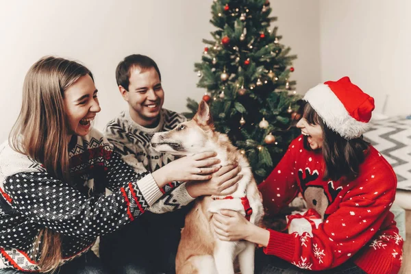 Familia Feliz Suéteres Elegantes Perro Lindo Divertirse Árbol Navidad Con — Foto de Stock