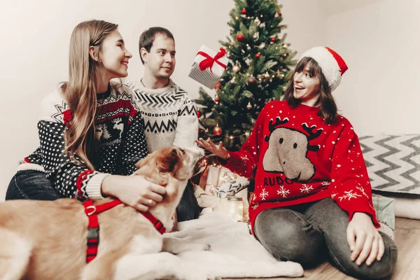 şık kazak ve hediyeler, Noel ağacı ışıkları ile alışverişi şirin komik köpek mutlu bir aile. duygusal anlar. mutlu Noeller ve mutlu yeni yıl kavramı. metin için yer