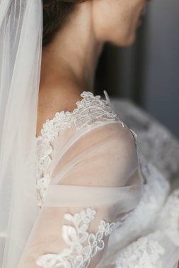 güzel gelin omuz lüks ipek düğün elbise dantel çiçek öğeleri ile. gelin elbise. Gelin sabah hazırlıkları