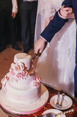 Gelin ve damat düğün resepsiyonunda lezzetli düğün pastası güllü kesme. eğlenmesini. lüks restoranda yemek. Pasta tatmak düğün çifti