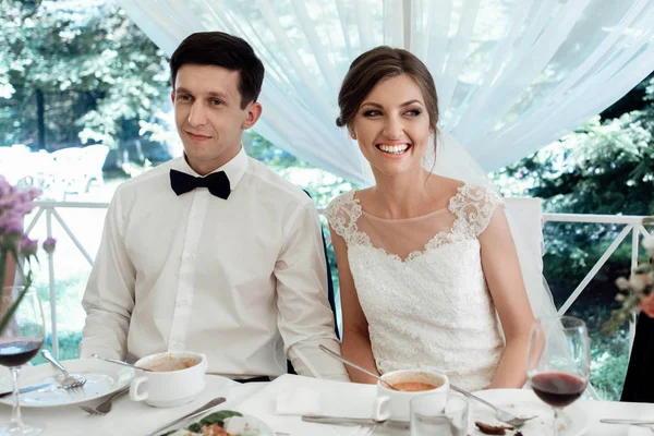 Stylish Gorgeous Happy Bride Groom Having Fun Wedding Reception Emotional — Stock Photo, Image