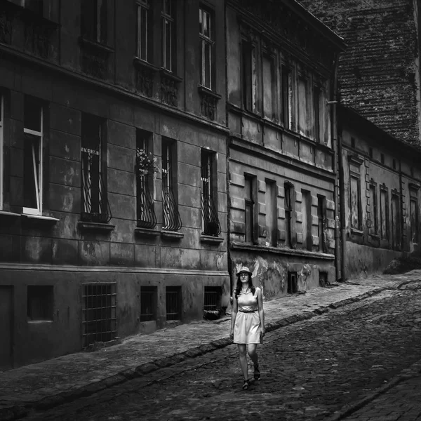 Stylish Woman Hipster Walking European Streets Sunny Morning Black White — Stock Photo, Image