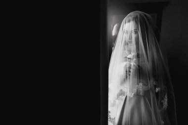 pencere yakınındaki peçe altında poz yaka çiçeği, muhteşem gelin. harika portre çiçek tutan güzel kadın beyaz elbise, düğün için hazırlanıyor. şehvetli an