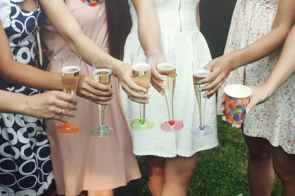 Hands Woman Holding Colorful Glasses Toasting Champagne Joyful Party Summer — Stock Photo, Image