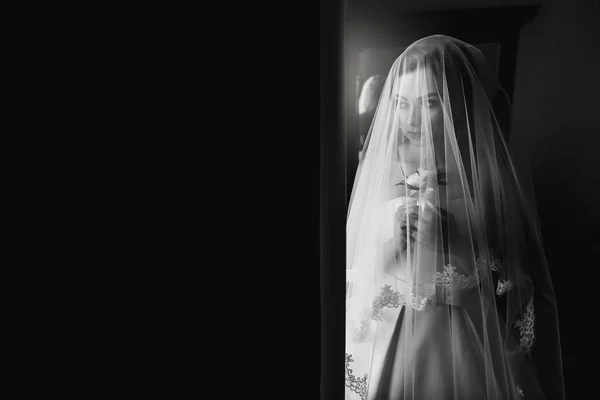 Hermosa Novia Con Boutonniere Posando Bajo Velo Cerca Ventana Increíble — Foto de Stock