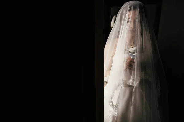 Hermosa Novia Con Boutonniere Posando Bajo Velo Cerca Ventana Increíble —  Fotos de Stock