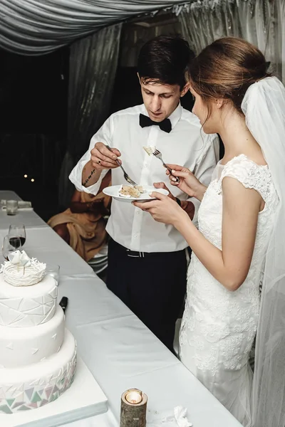 Stílusos Gyönyörű Menyasszony Elegáns Vőlegény Vágás Szokatlan Ízű Fehér Esküvői — Stock Fotó