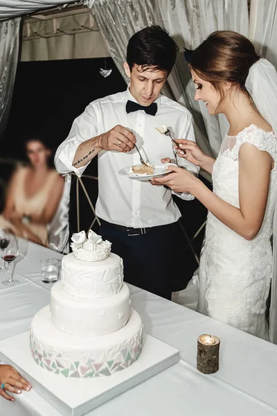 Stylový Nádherná Nevěsta Elegantní Ženicha Řezání Ochutnávka Neobvyklé Bílé Svatební — Stock fotografie