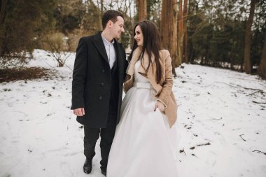 Muhteşem düğün çifti karlı kış Park'ta yürüyordunuz. ceket ve kış orman yeşil ağaçların altında kucaklayan damat şık gelin. Yeni evliler romantik duygusal an