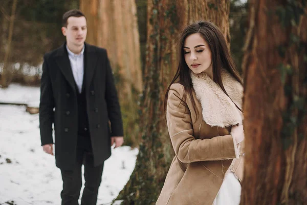 Gorgeous Bride Coat Stylish Groom Posing Trees Winter Forest Happy — Stock Photo, Image