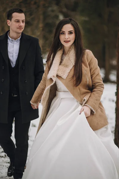 Wspaniały Ślub Para Pozowanie Parku Zimowym Śniegu Stylowa Panna Młoda — Zdjęcie stockowe