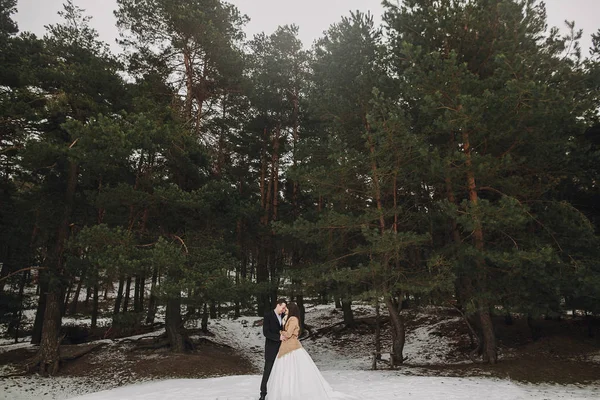 Nádherná Nevěsta Kabátě Stylový Ženicha Všeobjímající Pod Stromy Zimě Lese — Stock fotografie