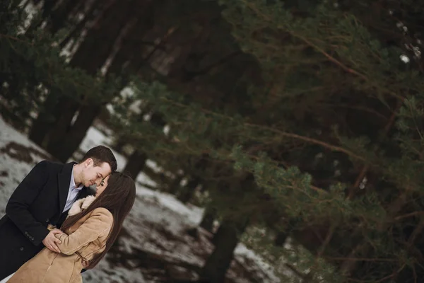 Nádherná Svatební Pár Pózuje Zimě Zasněžené Parku Stylový Nevěsty Kabátě — Stock fotografie
