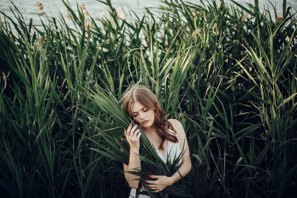 Beautiful Boho Girl Embracing Grass Posing White Dress Green Cane — Stock Photo, Image