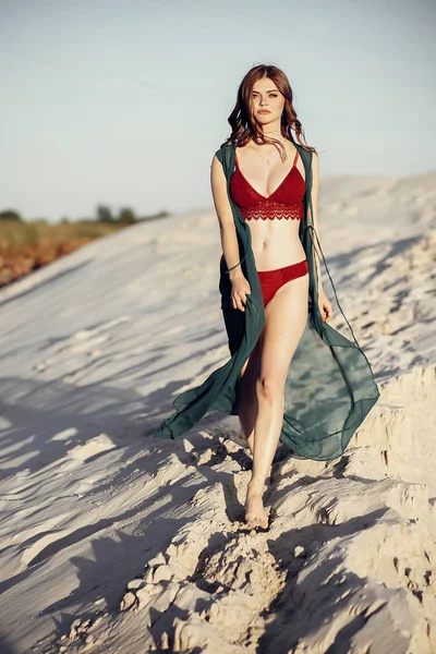 Beautiful Boho Girl Red Swimsuit Walking Sandy Beach Sunset Light — Stock Photo, Image