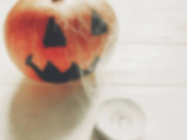 Halloween Tła Niewyraźne Upiorny Jack Latarnia Dyni Swieca Dymu Drewno — Zdjęcie stockowe