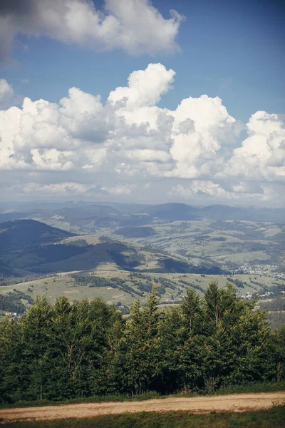 青い空と雲と丘の景色を美しい山々 山の木 野生の花草ですばらしい景色 旅と放浪癖の概念 — ストック写真