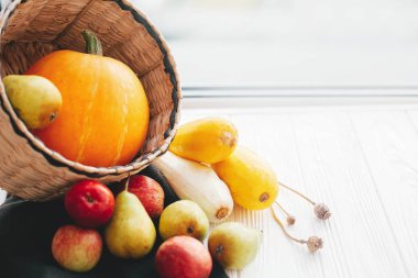Merhaba sonbahar kavramı ve sonbaharda hasat. Kabak ve elma ve armut beyaz ahşap arka planda ışık, metin için yer ile şık hasır sepet içinde kabak. Şükran günün kutlu olsun