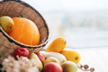 Merhaba sonbahar kavramı ve sonbaharda hasat. Kabak ve elma ve armut beyaz ahşap arka planda ışık, metin için yer ile şık hasır sepet içinde kabak. Şükran günün kutlu olsun