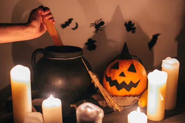 Happy Halloween Witch Hand Boiling Potion Spell Jack Lantern Pumpkin — Stock Photo, Image