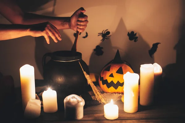 Witch Hand Boiling Potion Spell Jack Lantern Pumpkin Candles Broom — Stock Photo, Image