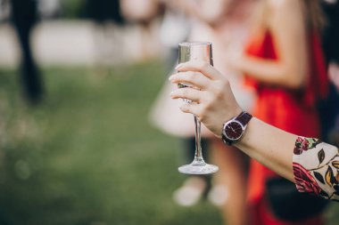 Şampanya, lüks düğün, zengin kutlama gözlükle tezahürat şık insanlar elleri. Noel lüks kutlama ziyafette toasting konuklar
