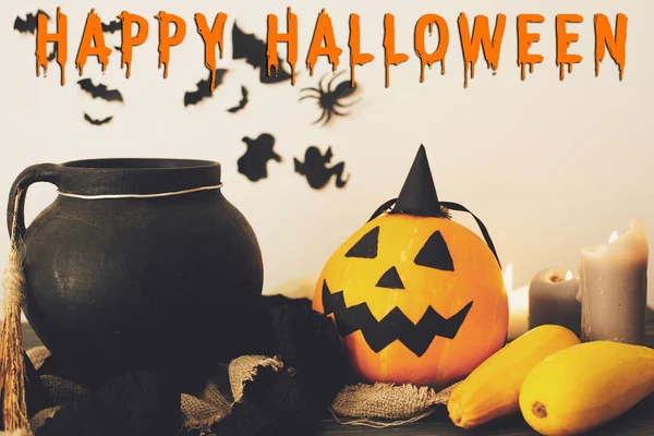 Feliz Conceito Texto Halloween Seasons Cumprimentando Sinal Halloween Assustador Cauldron — Fotografia de Stock