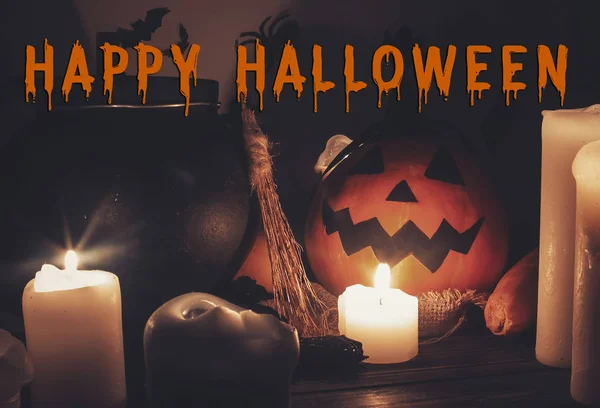 Happy Halloween Pomarańczowy Tekst Kartkę Życzeniami Czarownicy Kocioł Jack Lantern — Zdjęcie stockowe