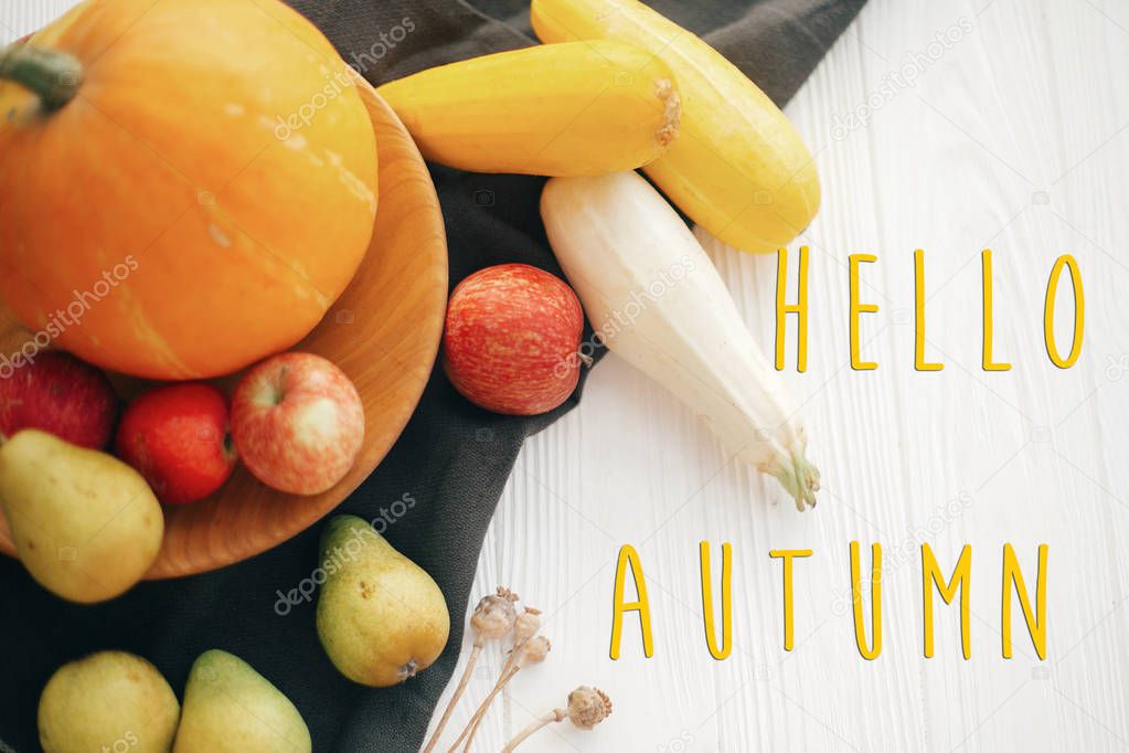Hello Autumn text, seasons greeting card concept. Welcome Fall sign. Pumpkin, zucchini, apples, pears on white wooden table in light. Fall Harvest