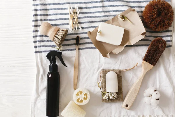 Sustainable Lifestyle Concept Zero Waste Flat Lay Natural Eco Luffa — Stock Photo, Image