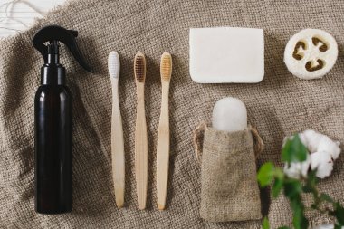 Eko doğal bambu diş fırçaları, kristal deodorant, lif kabağı, Hindistan cevizi sabun, pamuk. sıfır atık düz yatıyordu. banyo temel, plastik ücretsiz öğeler. sürdürülebilir yaşam tarzı kavramı. yeşil git