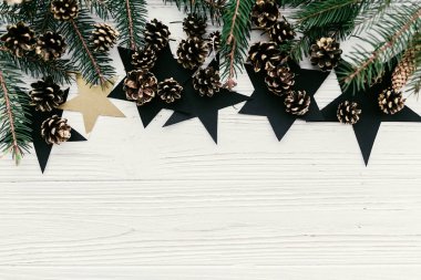 Noel düz yatıyordu. Modern Noel düzeni yeşil çam dalları, altın çam kozalakları ve yıldız, en iyi görünümü metin için yer ile. tatil mockup tebrik kartı. şık kış flatlay