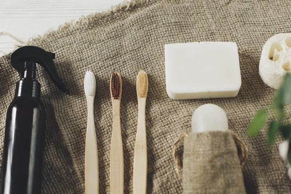 Eko doğal bambu diş fırçaları, kristal deodorant, lif kabağı, Hindistan cevizi sabun, pamuk. sıfır atık fikir. banyo temel, plastik ücretsiz öğeler. sürdürülebilir yaşam tarzı kavramı. yeşil git